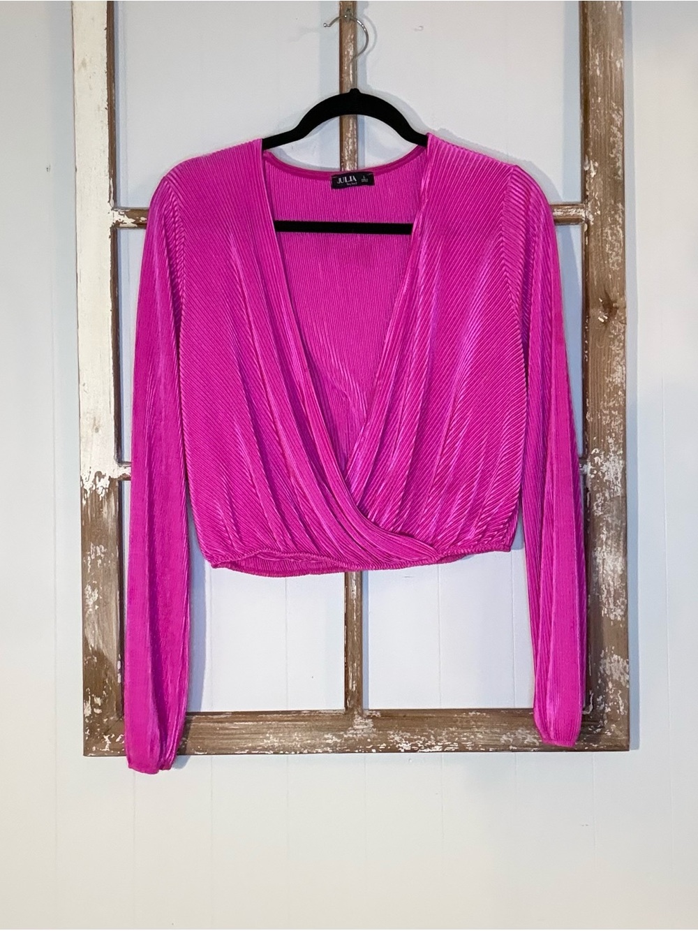 Pleated Fuchsia Wrap-Front Crop Blouse
